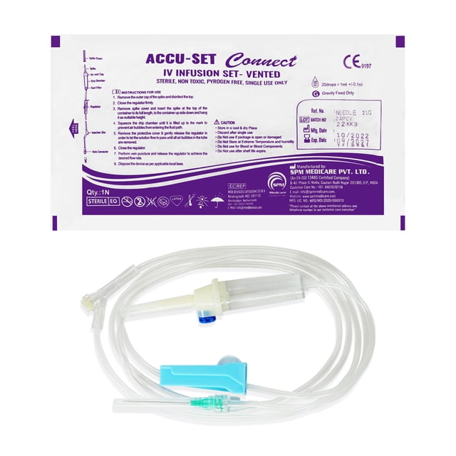 equipo de normogotero con aguja/equipo para venoclisis - 20 unidades paquete estéril, set transparente con cámara de goteo, regulador azul y conector de aguja verde; normogotero médico que entrega 28–32 gotas por minuto, mostrado en vista frontal sobre fondo blanco.