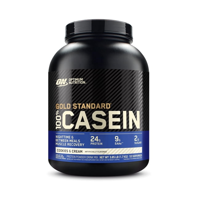 optimum nutrition on gold standard 100% casein 4 lbs sabor cookies and cream bote frontal centrado; envase negro con etiqueta gris y dorada que resalta "100% CASEIN", banda azul indica 24 g proteína, 9 g EAAs y 2 g azúcar, tapa roscada negra; proteína de digestión lenta adecuada para tomar entre comidas o por la noche para recuperación muscular.