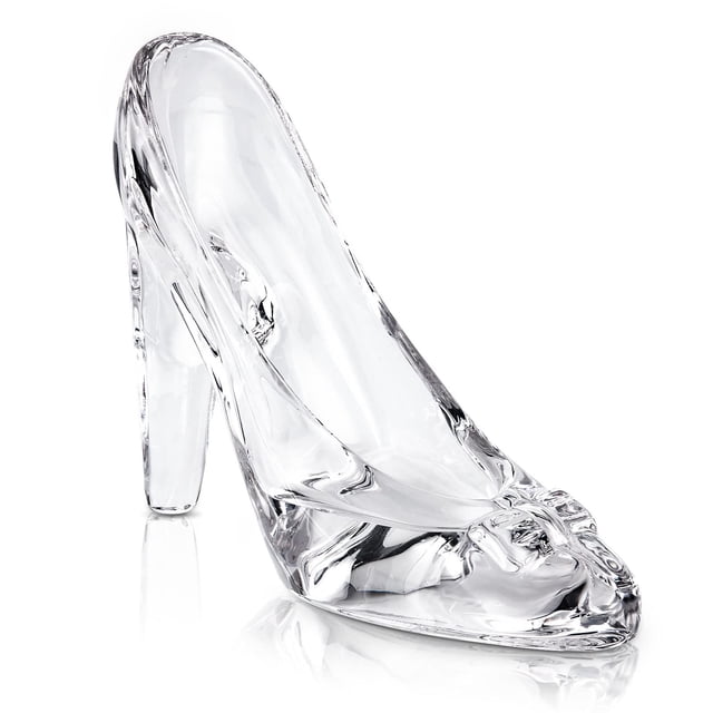 zapatilla de cristal showloue para decoración de zapatos de cenicienta Transparente, vista 3/4 de una mini pantufla con forma de zapato de tacón hecha de cristal artificial, lazo en la puntera y superficie lisa y brillante; tamaño aprox. 5.1 x 4.3 x 6.7 in; adecuada como centro de mesa, soporte para dulces o adorno de pastel en bodas y fiestas.