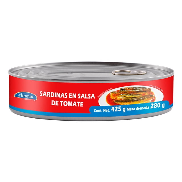 sardina altamar en salsa de tomate 425 g Lata de conserva Altamar vista lateral con anilla, etiqueta roja y logo Altamar, texto que indica sardinas en salsa de tomate y peso 425 g (masa drenada 280 g); práctica de abrir fácil y con Omega 3, ideal para despensa familiar.