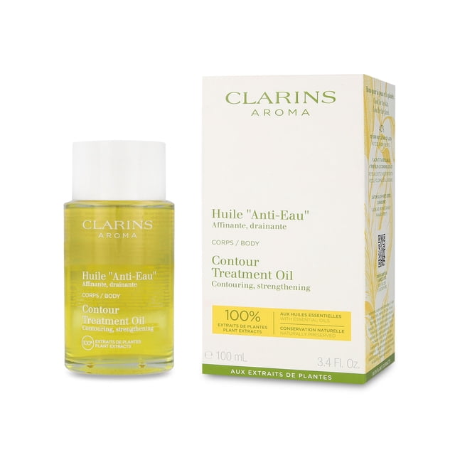 aceite de tratamiento corporal contour treatment oil Clarins 100 ml, botella de vidrio transparente con aceite amarillo dorado y tapa blanca, caja blanca con texto verde y detalles amarillos; ideal para masaje corporal y cuidado de la piel de hombros a pies.