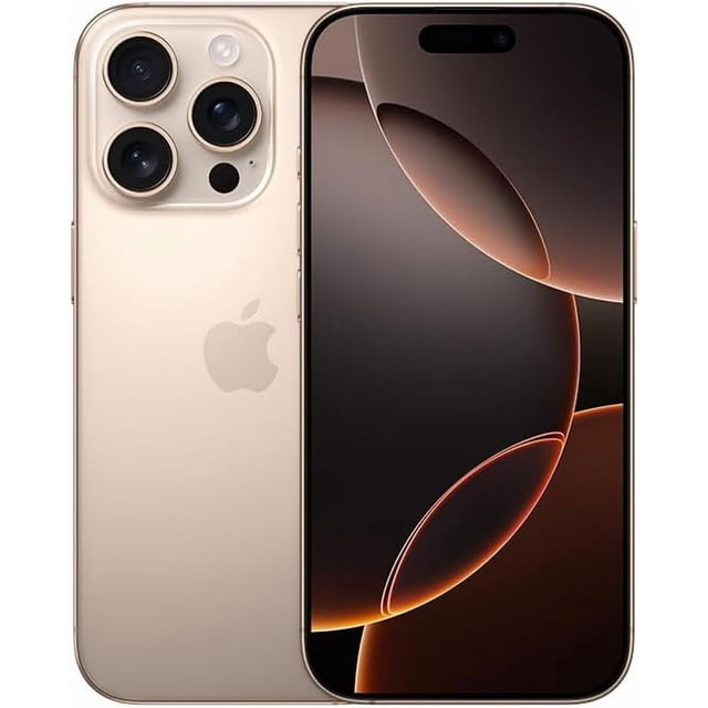 apple iphone 16 pro 128gb desert esim reacondicionado smartphone en titanio desierto con vista frontal y trasera centrada; pantalla Super Retina XDR OLED de 6.3 pulgadas con bordes más delgados y muesca tipo pill, trasera con sistema de triple cámara Pro y logo Apple; adecuado para fotografía móvil y uso 5G.