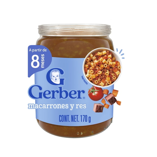 papilla gerber gerber etapa sabor macarrones con zanahoria y res 170 g Frasco centrado de vidrio con etiqueta azul que muestra el logo Gerber y los textos "macarrones y res", "A partir de 8 meses" y "CONT. NET. 170 g"; se ve la papilla color marrón anaranjado dentro del frasco y la ilustración de macarrones con trozos de res y zanahoria en la etiqueta. Fondo blanco; tamaño práctico, adecuada como alimento para bebé en salidas.
