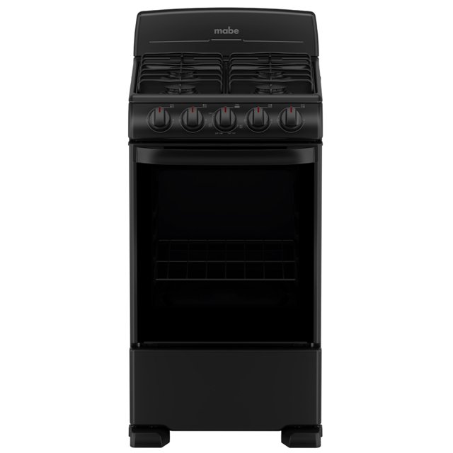 estufa de piso 50 cm (20 pulgadas) negra mabe - em5022bapn1 frente centrado con 4 quemadores estándar, 4 perillas frontales y parrillas de fundición dobles; ventana panorámica en la puerta del horno y cavidad con acabado cerámico liso Easy Clean Pro visible; suele elegirse para cocinas pequeñas o departamentos por su ancho compacto.