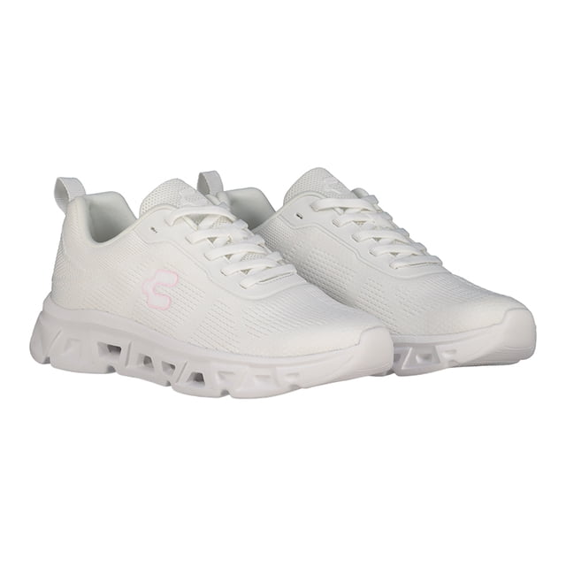 tenis charly para dama estilo running blanco talla 25 par de tenis Charly para dama estilo running, vista 3/4 frontal centrada; parte superior blanca de malla texturizada, cordones planos blancos, logo Charly en costado en rosa claro, tira de agarre en talón, suela blanca con aberturas geométricas y entresuela acolchada. Adecuados para uso diario y caminatas cortas.