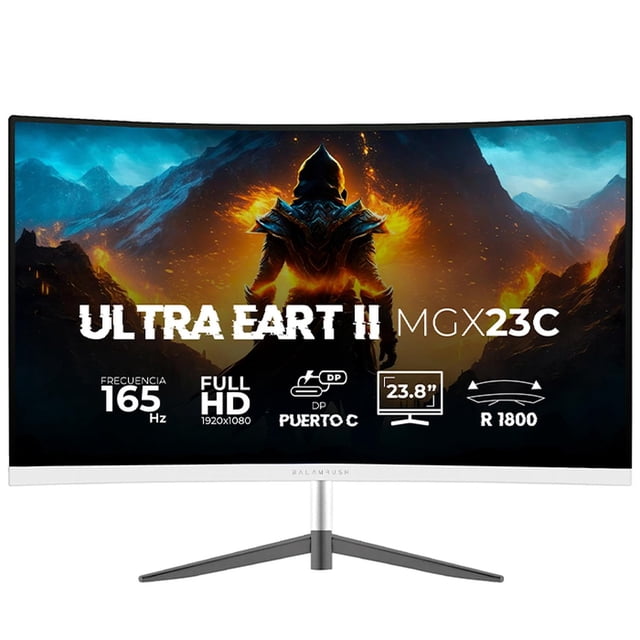 monitor gamer curvo 23.8 balam rush ultra earth ii mgx23c 1ms 165hz fhd va led usb-c blanco br-93833 blanco — Vista frontal centrada de monitor curvo blanco de 23.8" con panel VA Full HD 1920x1080 mostrando gráfico de videojuego; peana en V metálica, marco inferior blanco con logo Balamrush y pantalla ligeramente curvada, iconos en pantalla indican 165 Hz, 1 ms, puerto DisplayPort, HDMI y USB-C 15W.
