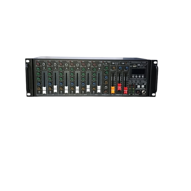 mezcladora amplificada soundtrack stp-1235 10 ch 350w rms bluetooth 16 efectos de audio color negro vista frontal para rack de 10 canales con perillas de ganancia, EQ y faders por canal, entradas combo XLR/1/4", puerto USB 2.0, control Bluetooth, salida para audífonos 6.35 mm, salidas maestras XLR L/R y bornes de altavoz en chasis metálico negro con orejetas de rack; a menudo usada también para montar monitores de práctica en salas pequeñas.