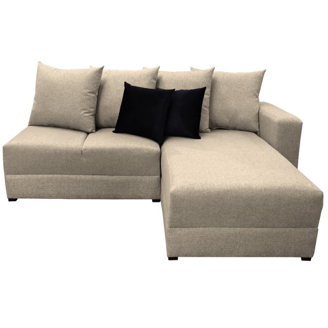 sala esquinera modular orlando beige, 200x160 cm lino nacional Vista frontal 3/4 de sala esquinera Orlando tapizada en lino nacional beige; configuración en L con chaise longue a la derecha, cinco cojines traseros desplegables y dos cojines decorativos negros, brazo recto y base con patas cortas negras. Medidas largo 200 cm y ancho 160 cm según especificación; también suele usarse para crear una zona lounge en sala principal.
