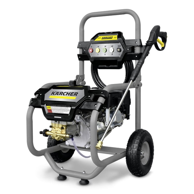 hidrolavadora a gasolina karcher g3200 3 pzas vista 3/4 frontal con chasis tubular gris, motor a gasolina y bomba de latón, ruedas neumáticas todo terreno y asa plegable; manguera enrollada en el soporte, lanza con gatillo negro y amarillo y compartimento de almacenamiento para accesorios; adecuada para limpieza exterior sin dependencia eléctrica.