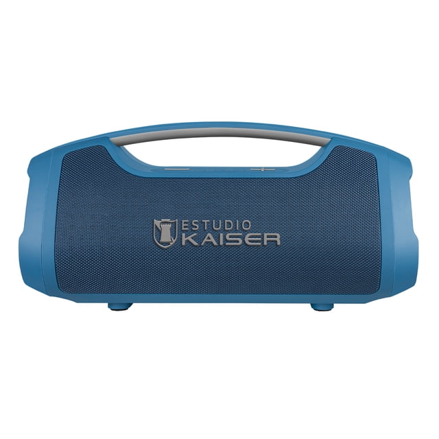 bocina portátil bluetooth kaiser kxb-2010bl 60 w rms azul, vista frontal centrada con rejilla texturizada y logotipo Kaiser plateado, carcasa azul con asa superior y patas de apoyo; controles superiores visibles, TWS para enlazar otra bocina, Bluetooth 5.1, subwoofer integrado y protección IPX5, apta para interiores y exteriores y frecuentemente usada para fiestas y reuniones al aire libre.