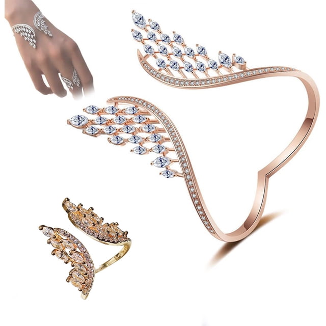 Conjunto de anillo y pulsera de plumas, joyería ajustable para mujer | Accesorio espiritual protector | Brazalete abierto con piedras de circonita para uso diario