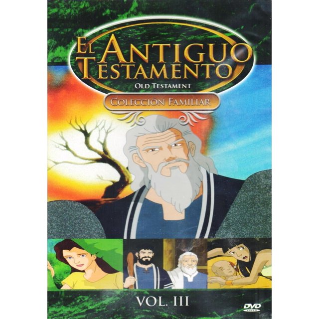 el antiguo testamento videomax volumen 3 tres animada dvd Carátula frontal de DVD infantil con título 'El Antiguo Testamento' en óvalo dorado y subtítulo 'Colección Familiar', ilustración central de personaje bíblico mayor con barba blanca sobre paisaje, franja inferior con cuatro viñetas de escenas animadas; Audio: Español, duración aprox. 180 minutos. VOL. III.