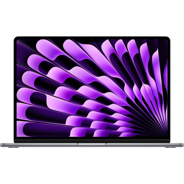 apple portátil macbook air de 15 chip m2 memoria de 8 gb ssd de 256 gb gris espacial mac, vista frontal centrada de la pantalla Liquid Retina de 15,3 pulgadas con esquinas redondeadas y marco delgado, fondo de pantalla morado en patrón radial y carcasa gris espacial visible en el borde inferior; diseño ultraportátil y a menudo usado para presentaciones y trabajo móvil.