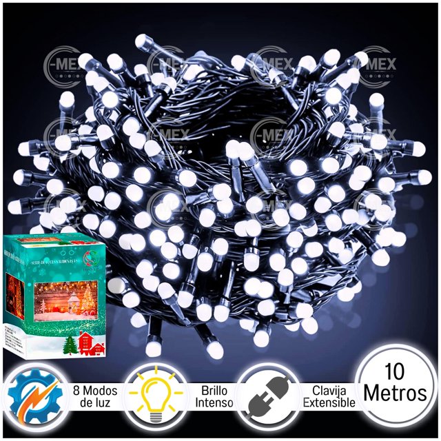 luces navideñas serie blanco frio 10 metros 200 leds dosyu dy-ice200l-v8 Serie navideña de 10 metros con 200 LEDs en blanco frío, cable oscuro enrollado en vista frontal con pequeñas bombillas LED cilíndricas agrupadas; se muestran iconos de 8 modos de luz, brillo intenso y clavija extensible. Adecuadas para decorar árboles, cortinas y fachadas; también suelen usarse para iluminar displays temporales en eventos.