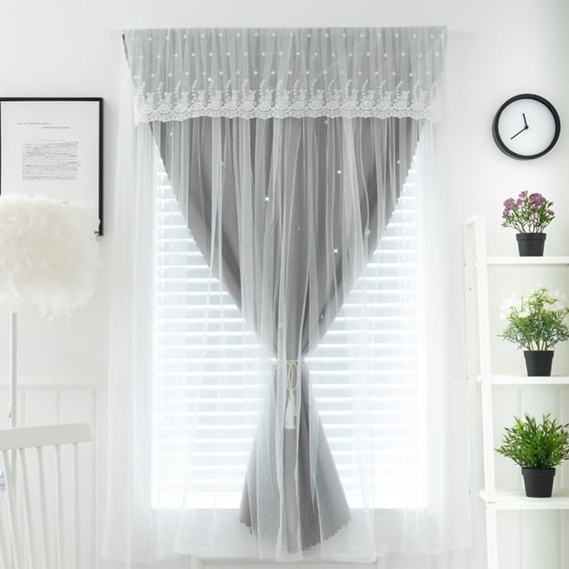 embroidered sheer curtains - light filtering opaque phantom mesh white window screen for living room bedroom beige 100x200cm cortina frontal, vista centrada de un panel de poliéster con borde superior bordado y festón, capa de voile translúcido sobre cortina sólida beige recogida al centro con lazo, colgada en barra frente a persianas blancas en sala luminosa.