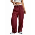 thumbnail image 1 of Pantalones Anchos y Holgados para Mujer, Estilo Palazzo Harén, Informales, A Rayas, con Cintura Elástica y Bolsillos Vino Tinto L, 1 of 7