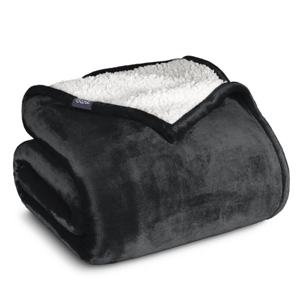 Bare Home Manta de Cama de Felpa Sherpa Mullida y Suave, Reversible, Liviana, Tamaño Matrimonial/queen, Negra