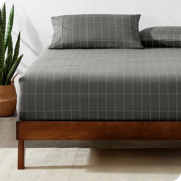 Bare Home Sábana Ajustable de Lujo Colección 1800, Ultra Suave, Bolsillo Profundo, Tamaño Queen, Cuadrícula, Gris/blanco