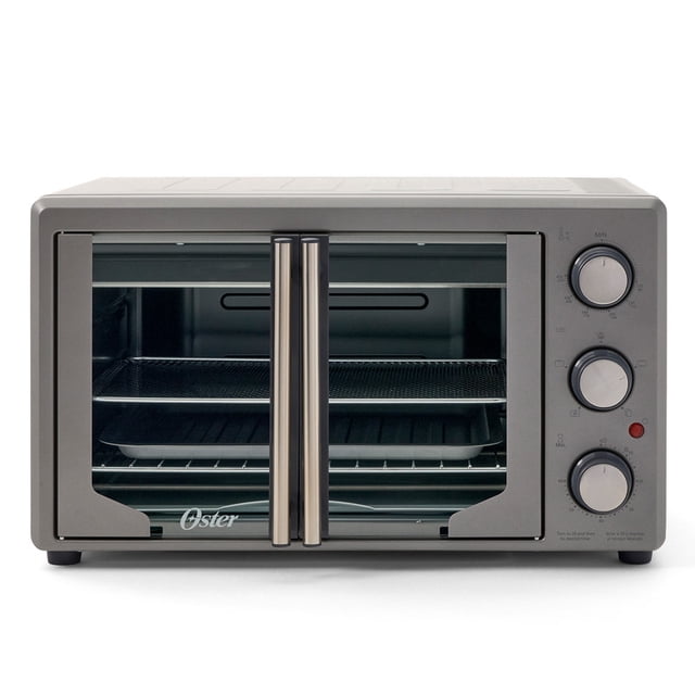 horno con freidora de aire oster 42 l puertas estilo francés 1700 w mod. tssttvfdmafns plata Vista frontal de horno sobremesa plata con puertas francesas dobles y tiradores verticales; interior antiadherente con rejilla, bandeja y cesta de malla para freír con aire, tres perillas laterales para función, temperatura (hasta 230 °C) y temporizador de 60 min, también apto para recalentar y dorar tapas y porciones pequeñas.