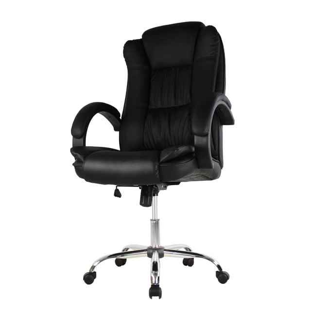 silla de oficina ejecutiva granada ergonomica negro mundo in home office Silla ejecutiva negra tapizada en PU con respaldo alto curvo y doble acojinamiento en asiento y respaldo, descansabrazos acolchados de poliuretano, base cromada tipo estrella con rodajas y pistón neumático regulador de altura; vista frontal 3/4 sobre fondo blanco, adecuada para jornadas largas de trabajo y a menudo usada como silla de estudio en oficinas en casa.