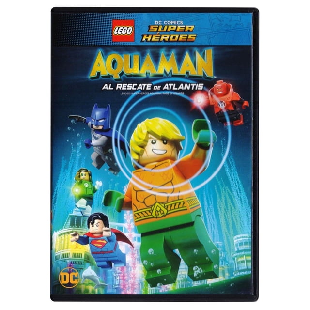 aquaman al rescate de atlantis lego dc universe pelicula dvd warner bros dvd Portada del DVD con minifigura LEGO de Aquaman en traje naranja y verde en primer plano, fondo azul con la ciudad de Atlantis, minifiguras LEGO de Batman y Superman y un antagonista con linterna roja; logotipos de LEGO y DC visibles. Duración 76 minutos; audio y subtítulos en español e inglés.