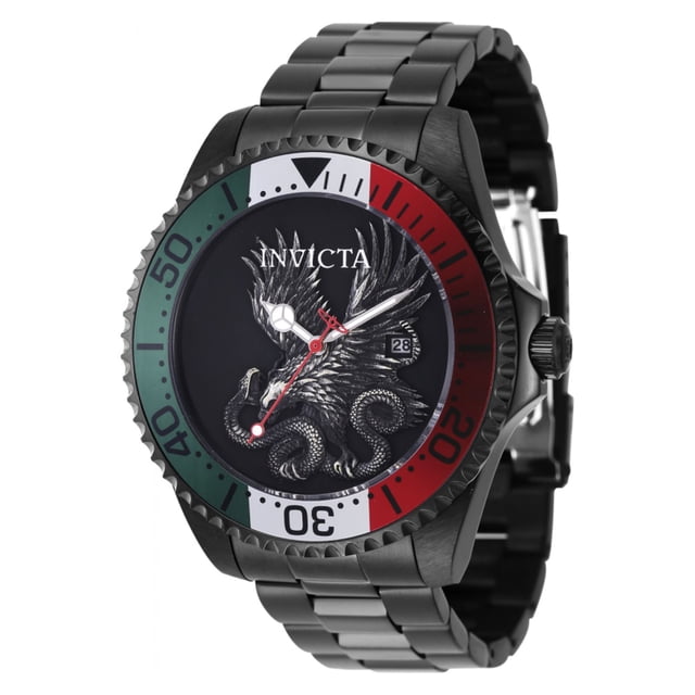 reloj invicta 47540 independencia mexico hombre reloj Invicta 47540 negro con caja y brazalete de acero inoxidable negro, esfera negra con logo INVICTA y relieve de águila y serpiente, bisel unidireccional en verde‑blanco‑rojo, manecillas e índices luminiscentes, fecha a las 3, vista 3/4 frontal sobre fondo blanco. También apto como reloj de colección temática para celebrar la independencia mexicana.