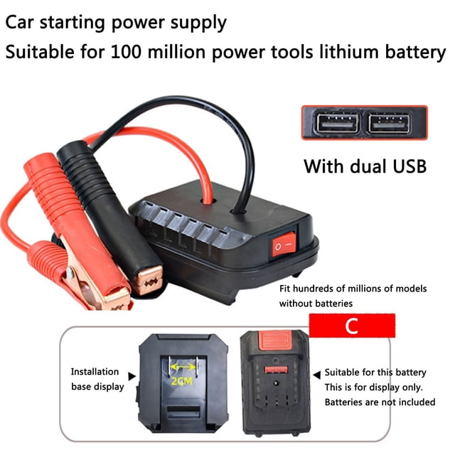 flohua lightweight abs & copper car battery jump starter - multifunctional with dual usb ports, portable & powerful, ideal for trucks, suvs & cars; centered front view of a compact black ABS unit with red and black copper clamps showing serrated jaws and springs, red on/off rocker switch and two USB-A ports visible, compact size about 8 cm box length, suitable for jump-starting trucks, SUVs and cars and for charging phones or tablets.