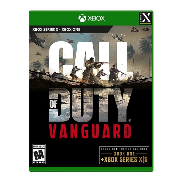call of duty vanguard xbox series microsoft xbox series x portada del juego para Xbox Series X con el título grande "CALL OF DUTY" en blanco y "VANGUARD" en rojo; escena centrada de soldados en posición de combate con humo y aviones en el cielo, borde superior verde con logo de Xbox y etiquetas de compatibilidad; sugiere campaña y multijugador.
