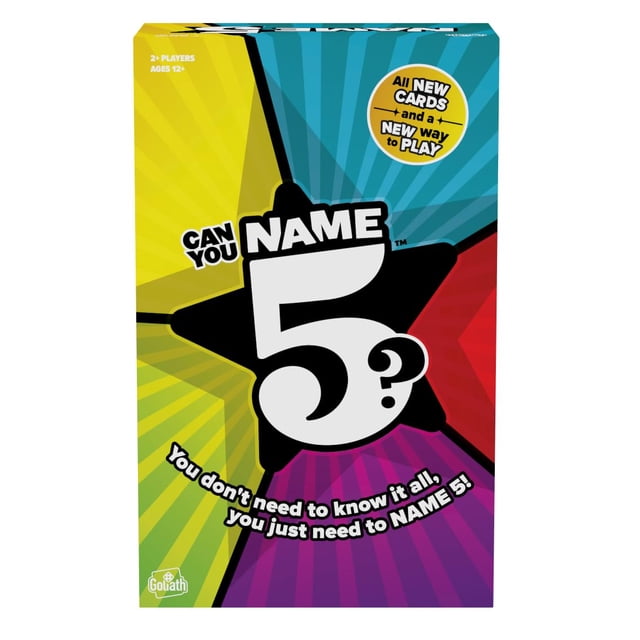 juego de mesa Goliath Name 5 para más de 12 años, incluye 144 cartas. Vista frontal de la caja con diseño radial amarillo, azul, rojo y morado y gran logo blanco 'Name 5' sobre estrella negra; texto en el empaque resalta cartas nuevas y jugabilidad renovada, se aprecia el logo Goliath en la esquina inferior.