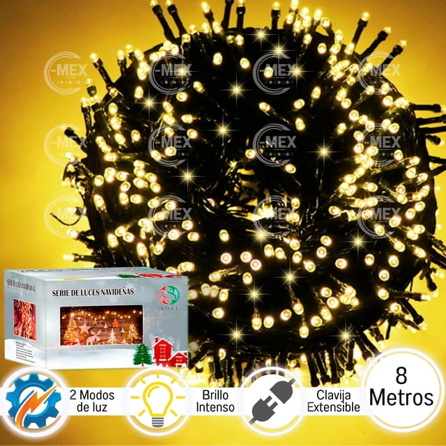 luces navideñas dosyu 8 metros 500 leds blanco cálido, serie enrollada con 500 pequeños LED de luz cálida sobre cable negro y caja del producto visible, brillo intenso aparente y etiqueta de 8 metros; adecuada para iluminación navideña, decorar cortinas o árboles y ambientar eventos.