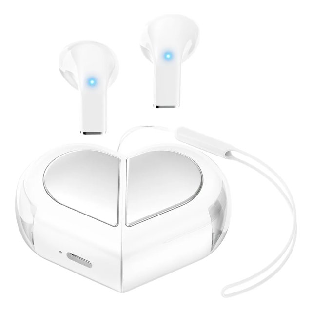 veatool k520 auriculares inalámbricos intraauditivos, bluetooth 5.3, diseño con cordón portátil, perfil doble en forma de corazón auriculares in-ear blancos con estuche de carga blanco de tapa dividida en forma de corazón, cable delgado de sujeción, vástagos cortos con LED azul visibles y puerto USB-C frontal; vista centrada sobre fondo blanco. Su forma compacta los hace adecuados también para guardar audífonos durante viajes cortos.