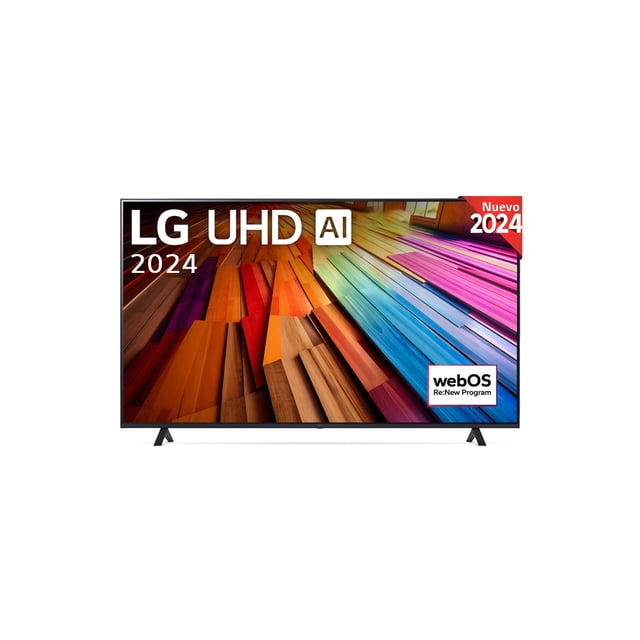 lg smart tv pantalla led 55' serie ut80 2024 uhd ai 4k reacondicionada Reacondicionada — Televisor LG negro 55" pantalla LED 4K UHD frontal con marco delgado y peanas en V; muestra colores intensos y rótulos 'LG UHD AI 2024' y sello webOS, suitable para sala de entretenimiento.