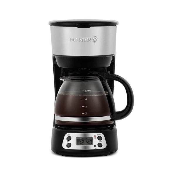 Holstein Housewares Cafetera programable de 5 tazas, cómoda y fácil de usar, acero inoxidable y negro con función de pausa y servicio automático, jarra de vidrio