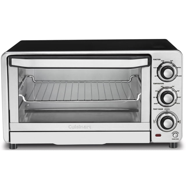cuisinart tob-40 custom classic horno tostador plateado, vista frontal centrada con puerta de vidrio y frente de acero inoxidable; estante con alambre en posición media y bandeja recogemigas removible; panel derecho con tres mandos giratorios para función, temperatura y control de dorado y un indicador luminoso; capacidad para pizza de 28 cm (11") y 1800 W. A menudo se usa también para recalentar y dorar pequeñas porciones.
