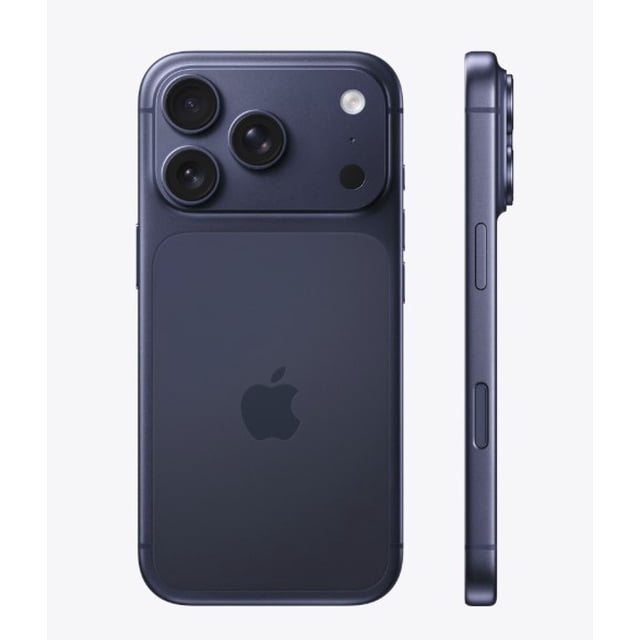 apple iphone 17 pro 5g 1tb - azul oscuro reacondicionado vista trasera y lateral de smartphone unibody de aluminio en azul profundo con módulo elevado de tres cámaras traseras de 48 MP, flash y sensor, logo de Apple centrado, perfil lateral delgado con botones de volumen y silencio; especificado con pantalla brillante de 6,3 pulgadas y 1 TB de almacenamiento; a menudo usado como dispositivo secundario para conservar bibliotecas de fotos.