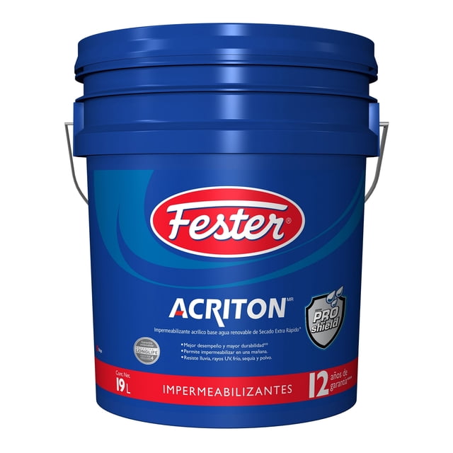 impermeabilizante acrílico base agua renovable de secado extra rápido fester acriton proshield 12 años 19 l rojo cubeta de 19 L con logotipo Fester y etiqueta Acriton y Proshield, envase azul con asa, texto que indica secado extra rápido y resistencia a lluvia y rayos UV; diseñado para impermeabilizar techos y terrazas en una mañana y suele usarse para reparar sellos pequeños.
