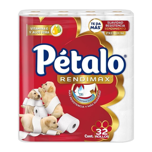 papel higiénico pétalo rendimax 32 rollos de 220 hojas dobles, paquete frontal rojo con logo Pétalo grande, sello Rendimax y icono de hoja doble; muestra 32 rollos, detalle dorado y tres cachorros sobre rollos en el fondo blanco.
