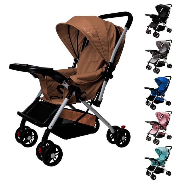 carriola reversible para bebe 2 en 1 plegable KIDDOS color kaki, vista 3/4 frontal de carriola desplegada con armazón plateado, asiento acolchonado reclinable (2 posiciones), capota amplia kaki, bandeja frontal, reposapiés regulable, mosquitero incluido guardado y cesta de almacenaje negra, ideal para paseos y salidas cortas.
