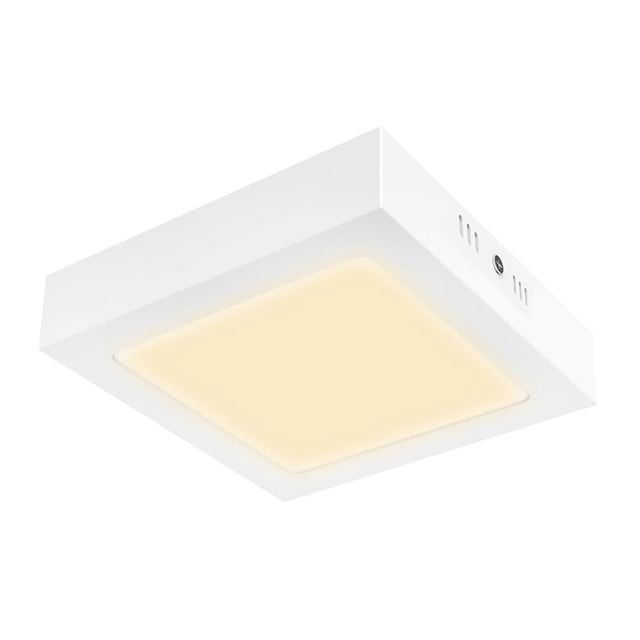 lámpara plafón led tecnolite 12ptlledc30mvb, algedi ii, 12w plafón cuadrado blanco con LED integrado y difusor de policarbonato que emite luz suave cálida, vista 3/4 frontal mostrando perfil y orificios de montaje; para sobreponer en techos interiores con ángulo de apertura de 100°. Suele usarse para iluminar vestíbulos o pasillos pequeños donde el espacio es limitado.