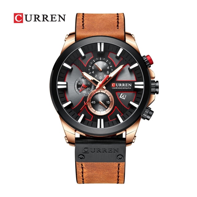 reloj curren krec832011 marrón hombre cuarzo frente centrado con caja redonda negra y bisel dorado rosa, esfera negra con índices blancos y acentos rojos, tres subesferas cronógrafo y ventana de fecha, correa de cuero marrón con costura y pieza superior con logo Curren; también suele usarse como reloj casual para vestir.