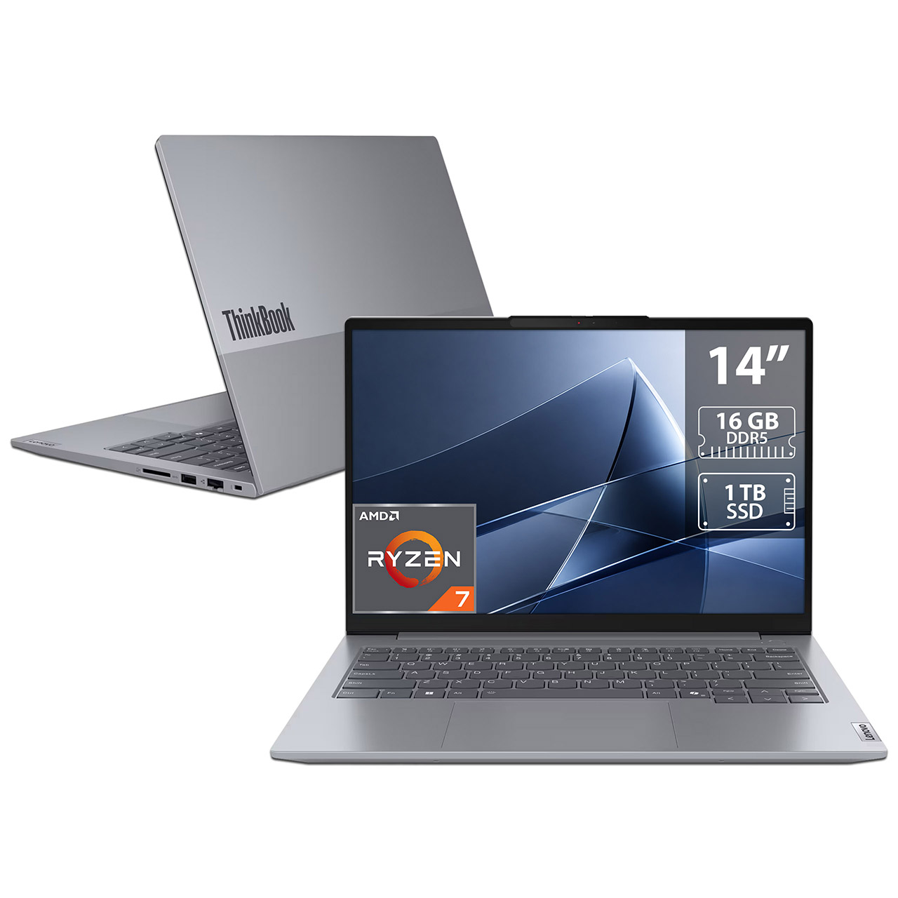 Laptop Lenovo ThinkBook 14: Procesador AMD Ryzen 7 7735HS (hasta 4.75 Ghz), Memoria de 16GB DDR5, SSD de 1TB, Pantalla de 14" LED, Video Radeon 680M, S.O. Windows 11 Pro