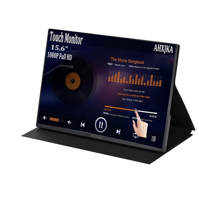 monitor portátil de viaje con pantalla táctil ahxjka 15.6" 1080p pantalla táctil Full HD 15.6" (1920 x 1080), vista frontal 3/4 en funda soporte negra con interfaz de reproductor multimedia y dedo tocando la pantalla; carcasa de aleación de aluminio, ligero y compacto (660 g, 353 x 222 x 5/10 mm), incluye puertos tipo C, miniHDMI y conector de 3.5 mm según especificaciones, compatible con IPS y HDR, adecuado como segunda pantalla portátil para laptops y entretenimiento en viaje.