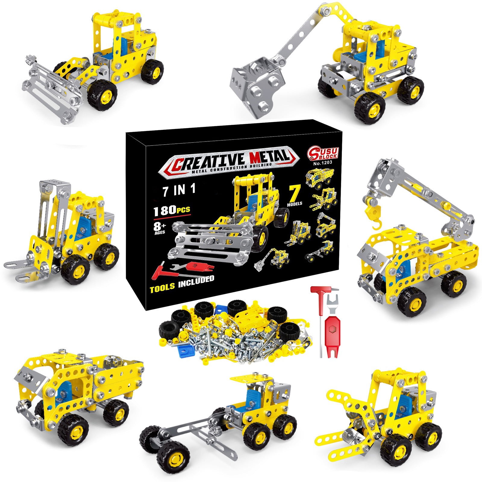 Kit de construcción de ingeniería 7 en 1 | Set de construcción de metal de 180 piezas | Juguetes educativos STEM para niños de 6 a 12 años | Kits de ensamblaje creativo de robots y modelos de coches