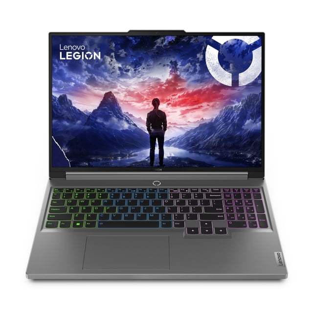 laptop gamer lenovo legion 5 16irx9, 16" con pantalla 2560x1600; vista frontal abierta mostrando fondo de montaña, teclado RGB retroiluminado, chasis gris metálico y touchpad centrado. Intel i7-13650HX, GeForce RTX 4060, 16GB RAM, 512GB SSD, Windows 11 Home; ideal para gaming y creación de contenido.