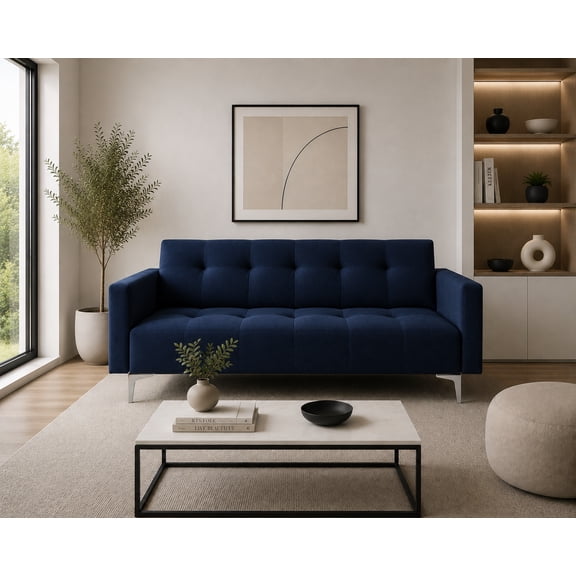 Sofa Cama Reclinable EL BAZAR STORE Paris Lino Azul Marino Futon 3 Posiciones Moderno Abotonado