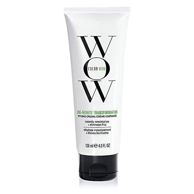 crema para peinar color wow one minute transformation - inst tubo blanco 120 ml con logo grande WOW en negro y texto verde, tapa negra abatible; vista frontal sobre fondo blanco, etiquetado legible. A menudo usada para desenredar y suavizar mechones antes del peinado.