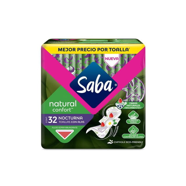 Toallas femeninas Saba Confort manzanilla nocturna con alas flujo súper abundante 32 pzas