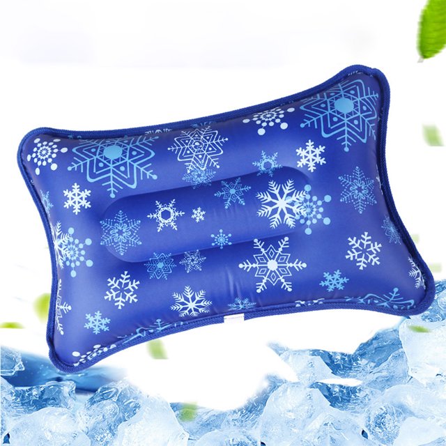 almohada de hielo de verano, gel refrescante, almohada de agua azul con estampado de copos de nieve; vista frontal centrada de cojín rectangular acolchado con costura rematada, uso doméstico y en oficina, también adecuada como almohadilla refrescante para mascotas y para llevar en camping.