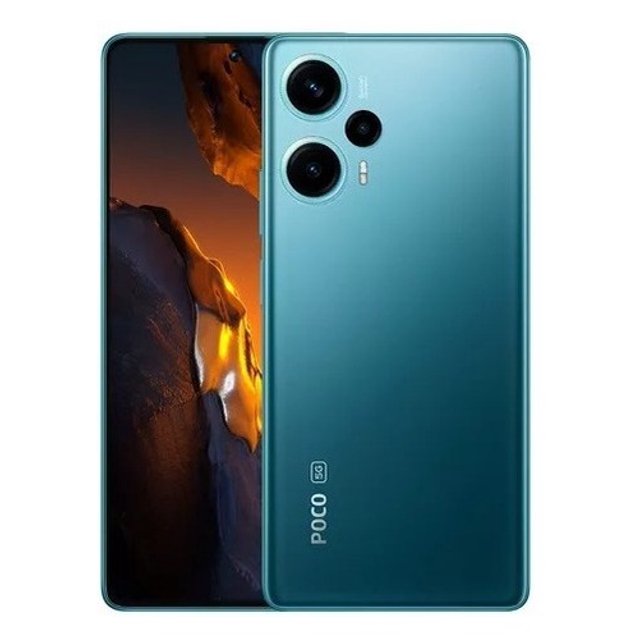 smartphone xiaomi poco f5 dual sim 256gb 8ram azul, vista frontal y trasera; pantalla AMOLED DotDisplay 6.67" con biseles ultra delgados, reverso azul con módulo de cámara triple (dos lentes grandes y un lente pequeño) y logotipo POCO visible. También suele usarse como teléfono principal para fotografía móvil gracias a su cámara principal de 64 MP.