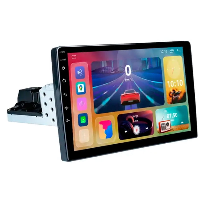 autoestereo vak vc-3700u 1 din 10 android carplay cámara gps Equipo VAK 1 DIN color negro con pantalla IPS de 10" mostrando interfaz Android; bisel delgado, chasis metálico DIN visible atrás, widgets de velocidad, reproductor y radio en pantalla; compatible con Android 13, CarPlay, Android Auto, GPS satelital (incluye antena según specs), Bluetooth, USB, Mirrorlink y cámara de reversa; a menudo usado en instalaciones de tablero estándar y adecuado para reproducir navegación y multimedia desde el celular.